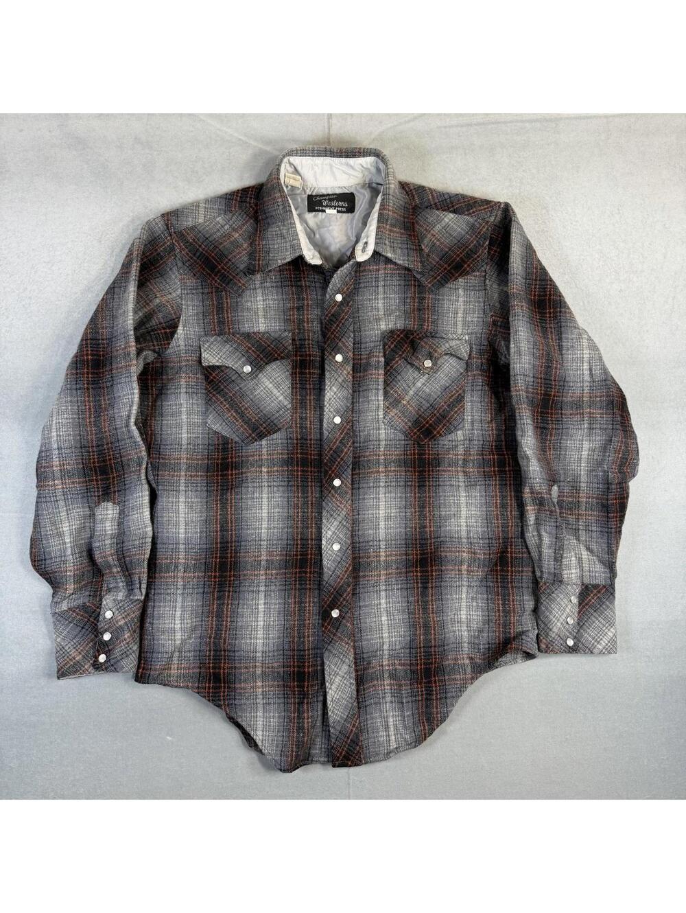 VTG 70s Champion Westerns Flannel Shirt Mens 16-34 L Gray Plaid Pearl Snap Wool